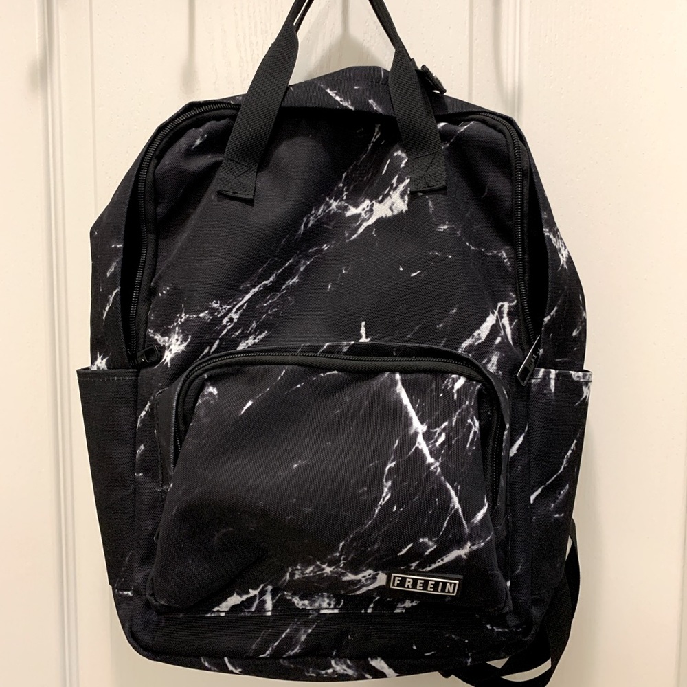 black marble print backpack